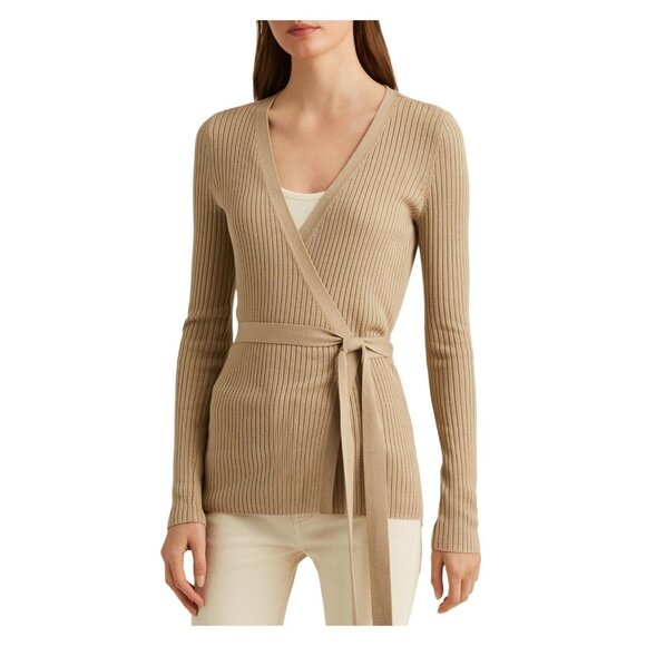 LAUREN RALPH LAUREN Beige Ribbed Surplice Neckline Wrap Cardigan Size S MSRP$225